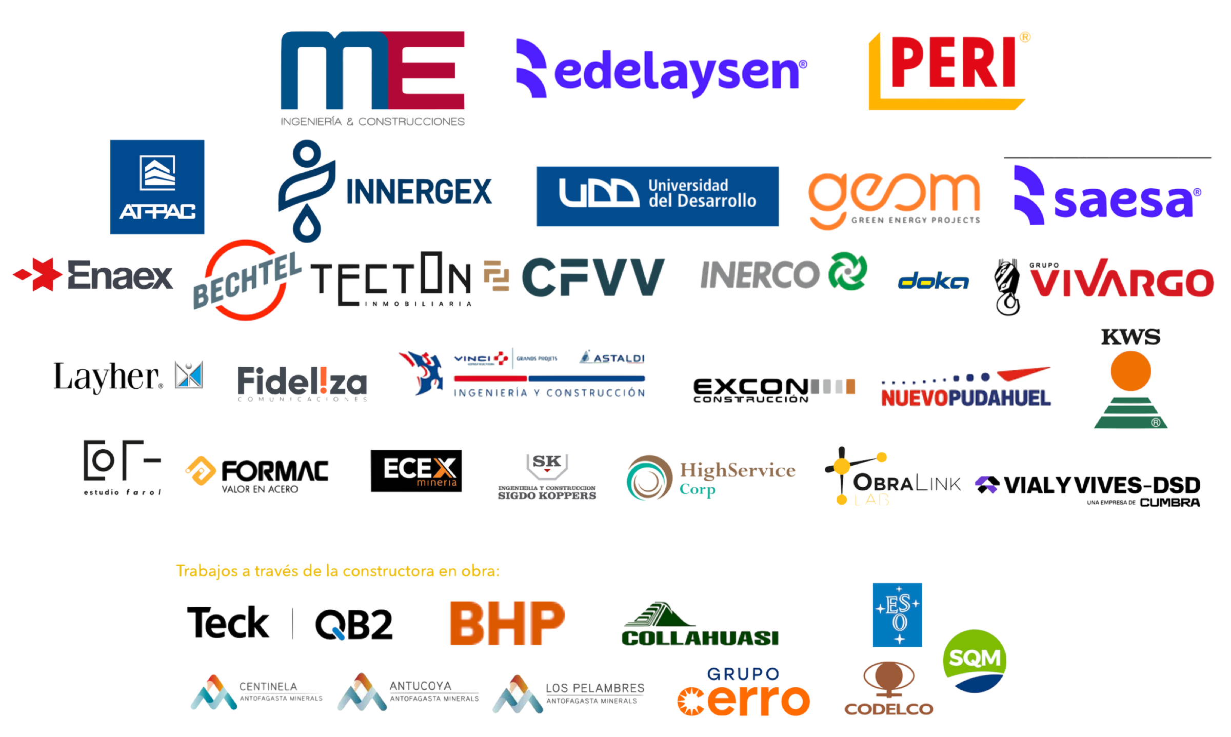 Logos de clientes: ME Ingeniería y Construcciones, Edelaysen, PERI, Atpac, Innergex, Universidad del Desarrollo, Geom, Saesa, Enaex, Bechtel, Tecton, CFVV, Inerco, Doka, Vivargo, Layher, Fidelizza, Vinci Astaldi, Excon, Nuevo Pudahuel, KWS, Formac, Ecex, Sigdo Koppers, HighService, ObraLink y Vial y Vives-DSD; y mandantes Teck QB2, BHP, Collahuasi, ESO, SQM, Centinela, Antucoya, Los Pelambres, Grupo Cerro y Codelco